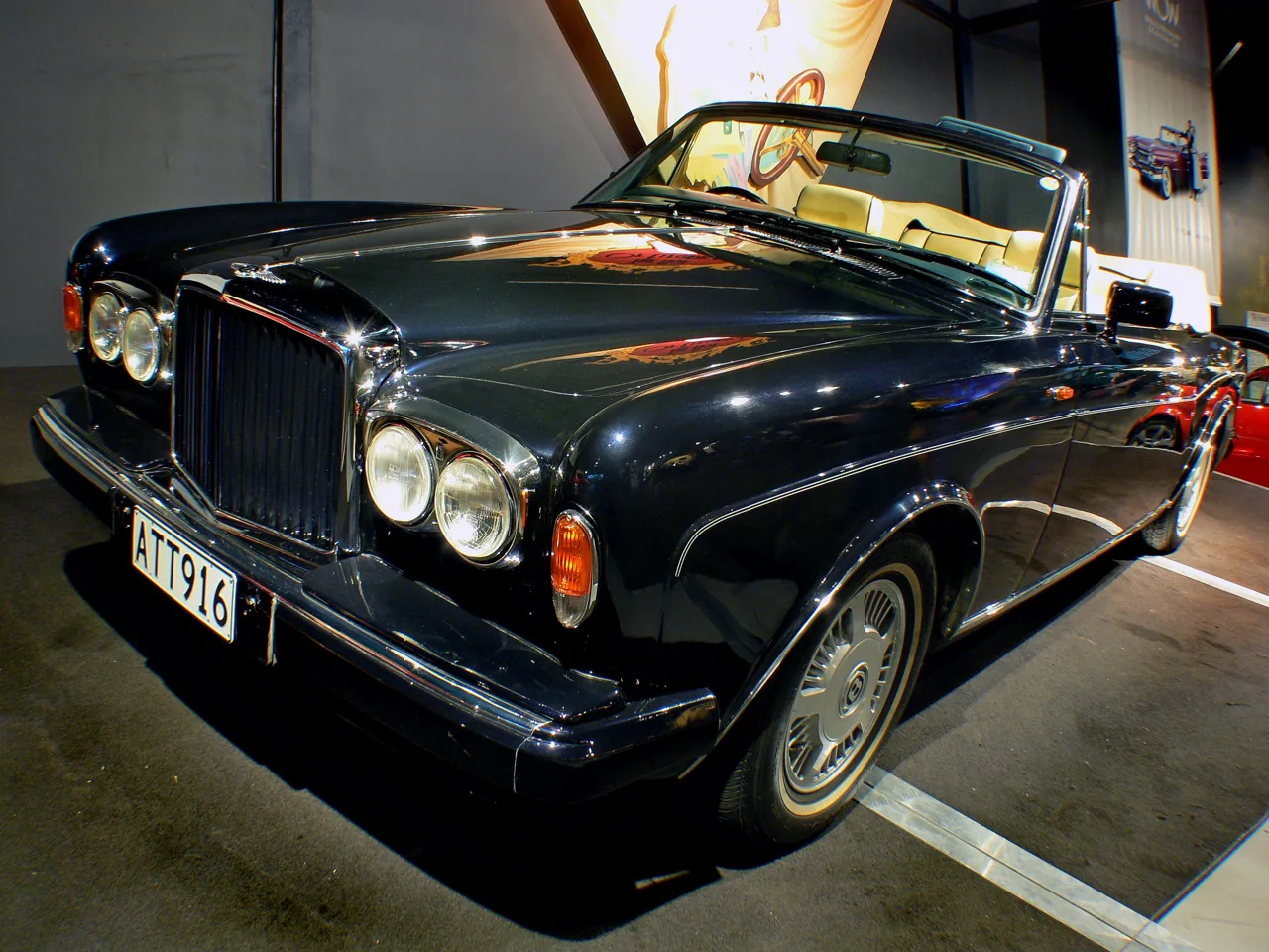 Classic dark Bentley convertible displayed indoors